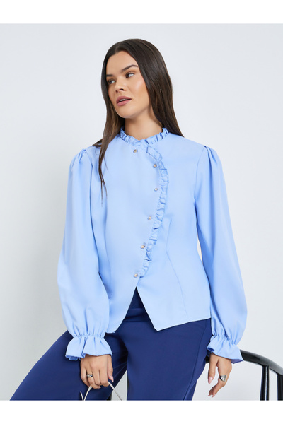 Take Two By Styli Women Solid Ruffled Neck Button Front Top