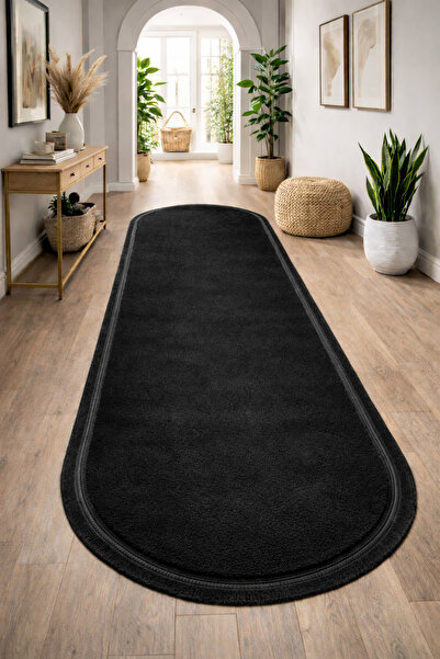 Sarar Oval Klasik Saçak Peluş Kaymaz Yıkanabilir Halı Yolluk Kilim SİYAH