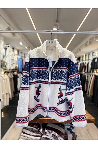 Mzr Collection KADIN ÇİFT KAYAK DESEN TAM FERMUARLI MAVİ SWEATSHİRT