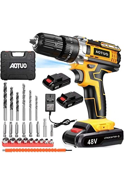 AOTUO 48V Cordless Drill, Two Li-Ion Batteries and Fast Charger, 3/8" Drill K...