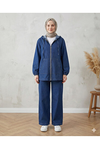 Kirazgym Zippered Handle Elastic Pocket Denim Suit - Indigo