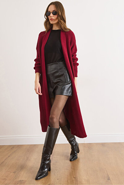 Olalook Women's Burgundy Shawl Collar Long Knitwear Cardigan Hrk-19000466