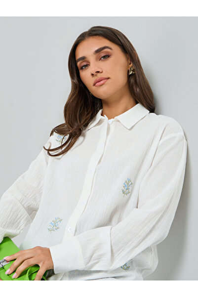 Styli Women White Embroidered Regular Shirt