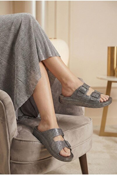 Oksit Lotu Kadın Işıltılı Çift Tokalı Anatomik Tabanlı Günlük Terlik - Simli