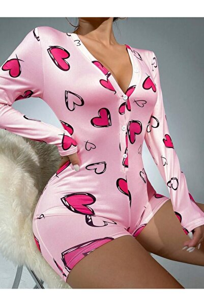 Cooqpoo Pink Heart Patterned Long Sleeve Women's Mini Tunic