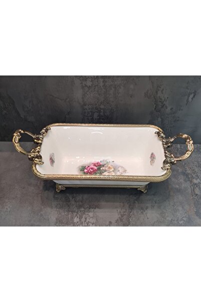 Furkan Decorative Bronze Metal White Rectangular Deep Flower Plate for Presen...