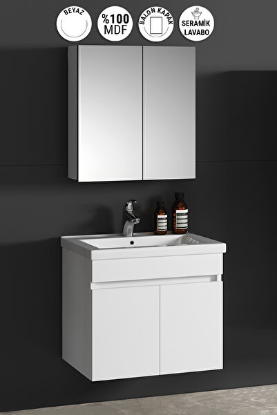 ÖZCEDEN Çiğdem 55 cm Beyaz Balon MDF Seramik Lavabolu Asma Banyo Dolabı Takımı