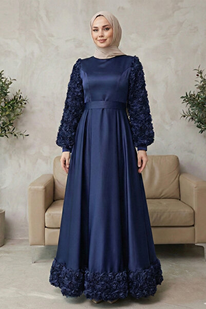 Kirazgym Women's Satin Hijab Evening Dress with Rose Detail on Skirt and Slee...