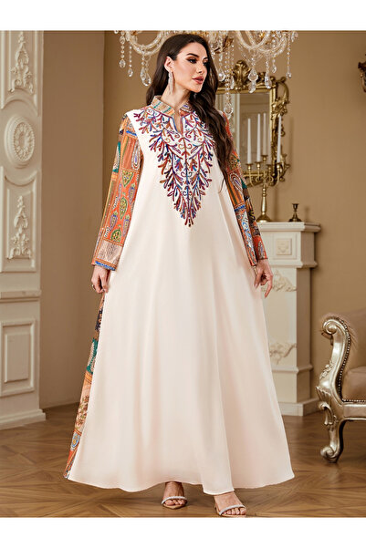 Take Two By Styli Women Embellished Faux Pearl Notch Neck Jalabiya