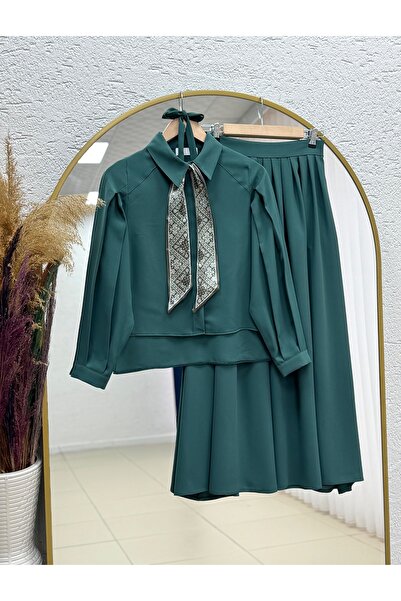 BENAHOLL Aybike Skirt, Pleated Shirt, Scarf Set-Şa1158 Petrol Green
