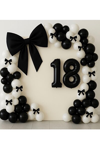 Çemrek Süs Parti Retro White Siyah Fiyonklu Balon Zinciri Seti 100 lü