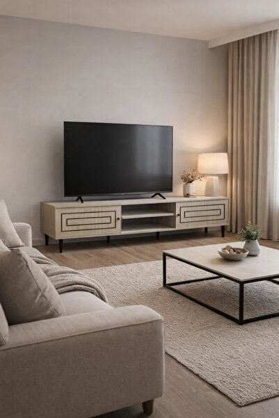 MARIA HOMES Premium Beige Wood TV Unit 180cm Media Stand with Black Metal Leg...