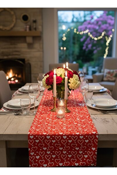 MİNOZA Digital Printed Valentine's Day Heart Model Decorative Table Runner
