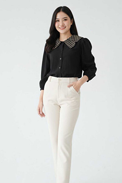 Swana Women's Minimal Patterned Collar Detailed Shirt - Black