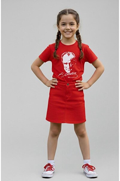 NACAR STORE Girl's Ataturk Printed T-Shirt and Linen Skirt Set 23 April-Speci...