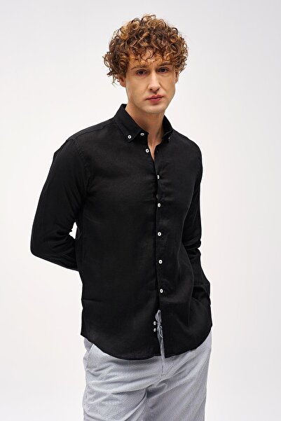 İgs Cămașă neagră din in 100%, cu guler cu nasturi, croială dinamică, mânecă ...