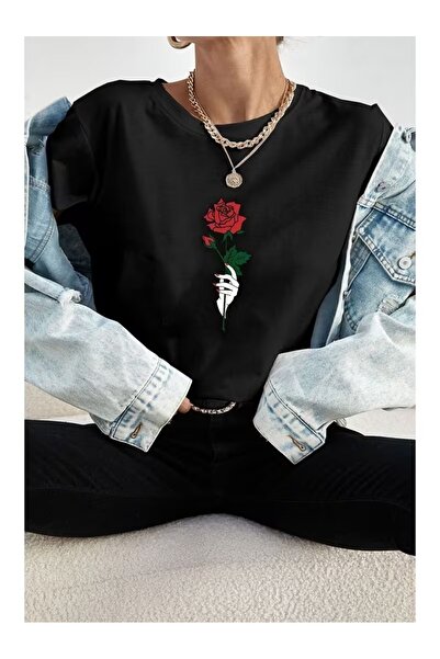 PALPİTO تي شيرت نسائي كبير الحجم مطبوع عليه وردة واحدة