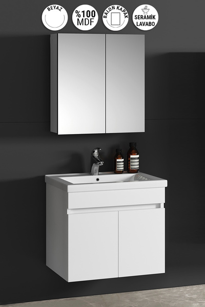 ÖZCEDEN Çiğdem 65 cm Beyaz Balon MDF Seramik Lavabolu Asma Banyo Dolabı Takımı