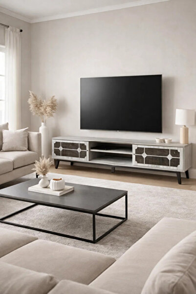 MARIA HOMES Grey Modern TV Unit 180cm Wide Media Stand with Shelving and Patt...