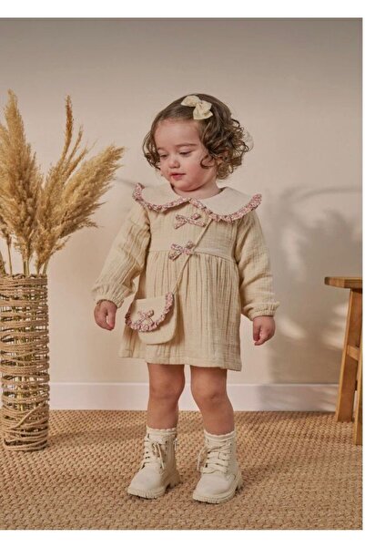 Bupper Kız Bebek Bebe Yaka Fiyonklu Çantalı Krem Elbise