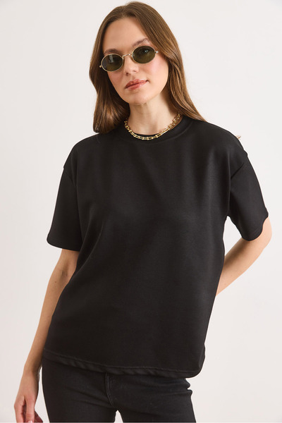 Olalook Tricou negru pentru femei, cu textură moale, croială lejeră, TSH-1900...