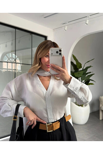 My Blog Ecru Striped V-Neck Shirt with Shawl - 70242