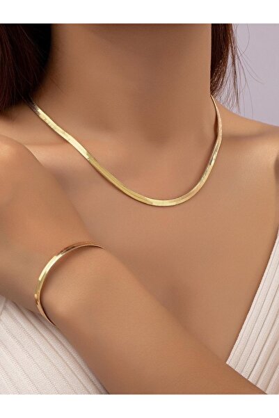 stravis 14k Gold Renk Çelik İtalyan Zincir ve Bileklik Set