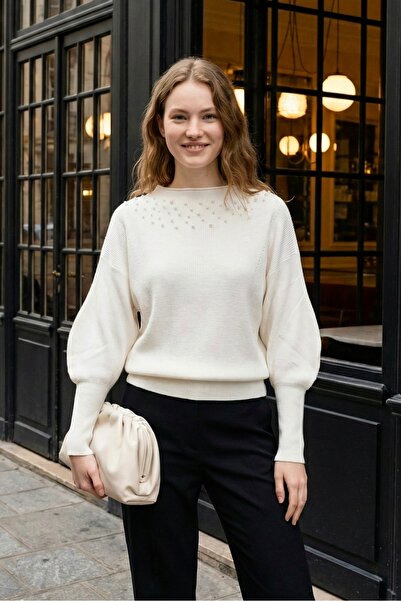 lamea Balloon Sleeve Pearl Detailed Crew Neck Women's Knitwear Sweater