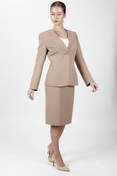 ÖNDER ÖZSOY V-Neck Single Button Classic Jacket & Short Pencil Skirt Women's ...