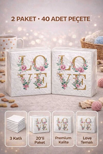 SUNA K Love Desenli 2 Adet 3 Katlı Premium Peçete