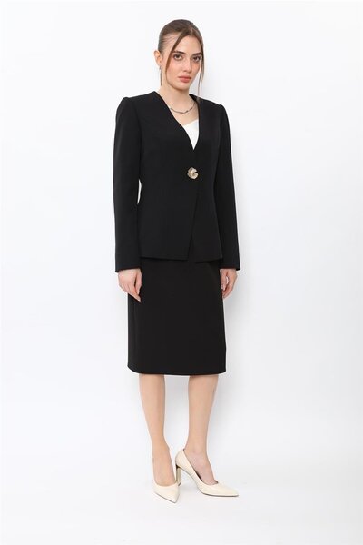 ÖNDER ÖZSOY V-Neck Single Button Classic Jacket & Short Pencil Skirt Women's ...