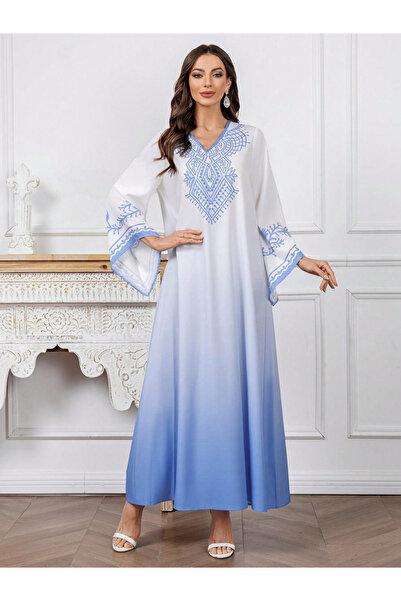 Take Two By Styli Women Blue Printed Bell Sleeve A-Line Jalabiya