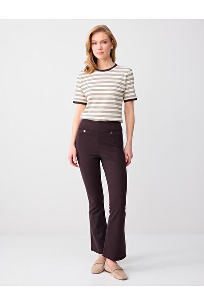 Jimmy Key Acı Kahve Bol Paça Yüksek Bel Dar Kesim Örme Pantolon