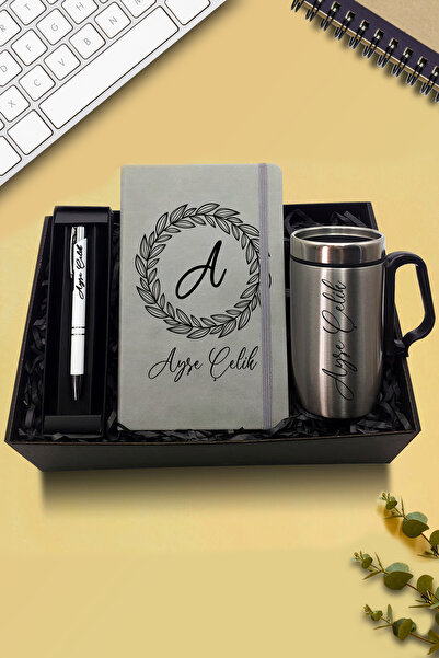 As Gift Kişiye Özel Çelik Bardak Termos & Defter & Kalem Hediye Seti (Gri)
