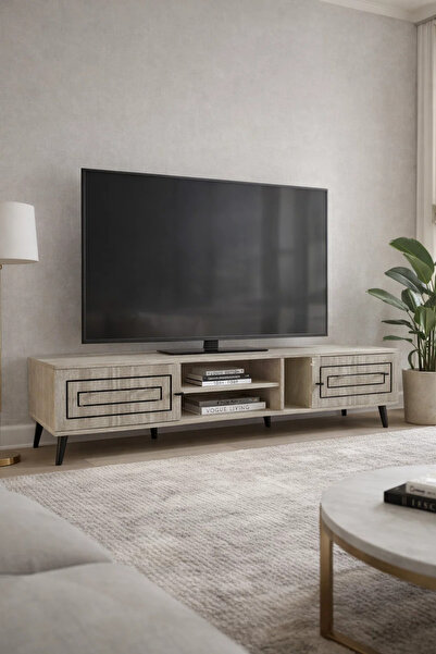 MARIA HOMES Premium Beige TV Stand Entertainment Unit 200cm with Storage & Bl...