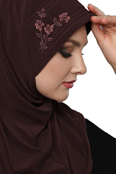 elysianfidan غطاء رأس طبي جاهز للصلاة مطرز يدويًا بالخرز الحجري بلون بني