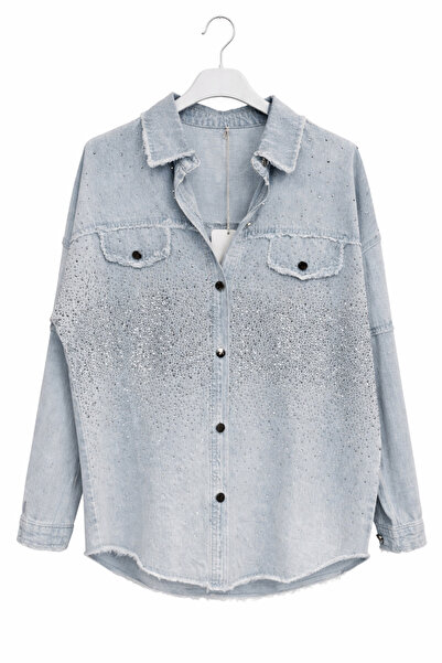 günay boutıque Oversized Denim Shirt with Sprinkled Stone Detail