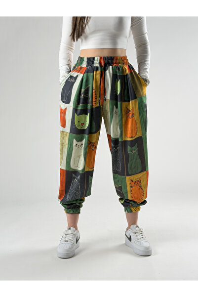 COCOPELLI Cat Patterned Women's Pleated Jogger Pants Coc2841
