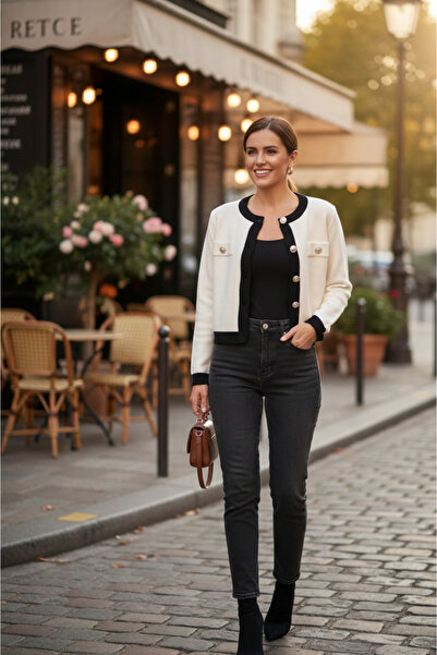 YusGos Women's Crew Neck Gold Buttoned Soft Knitwear Cardigan