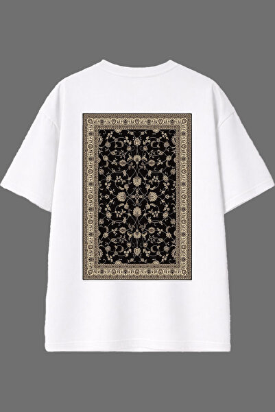 VSRN تي شيرت أبيض كبير الحجم بتصميم سجادة تركية قديمة وطباعة خلفية