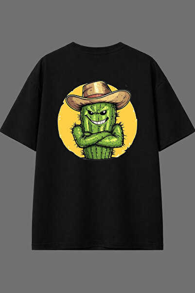 VSRN تي شيرت أسود كبير الحجم بتصميم كاكتوس مان مطبوع من الخلف