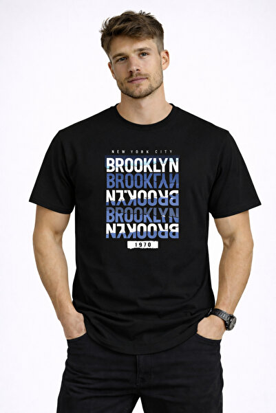 herkesemoda تي شيرت بروكلين الأساسي للرجال بتفاصيل نصية