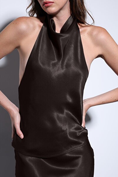Antioch Koyu Kahve Saten Halter Kadın Top