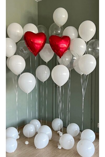 Çemrek Süs Parti Red Heart and White Transparent Balloon Bundle 22 Pieces
