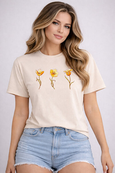herkesemoda Basic T-Shirt with Yellow Flowers Print Detail