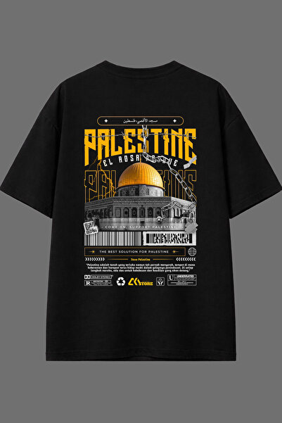 VSRN تي شيرت أسود كبير الحجم بتصميم فلسطيني مطبوع من الخلف