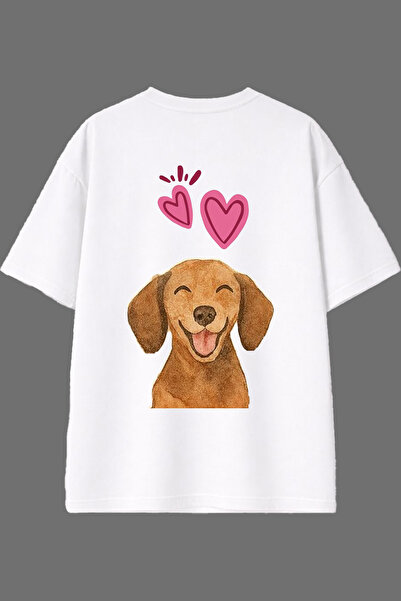 VSRN تي شيرت أبيض كبير الحجم بتصميم كلب على شكل قلب وطباعة خلفية