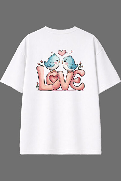 VSRN Love Birds Design Back Printed White Oversize t Shirt