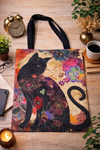 street&bagdnz Floral Patterned Black Cat - Bohemian Design 2-Piece Bag Set: H...