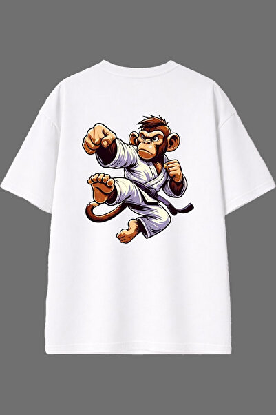 VSRN تي شيرت أبيض كبير الحجم بتصميم كونغ فو مون مع طباعة خلفية